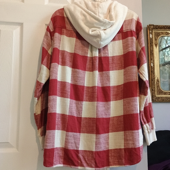 American Eagle‎ Red Plaid Hooded Flannel Shacket  Women’s Medium Cotton - Picture 8 of 10